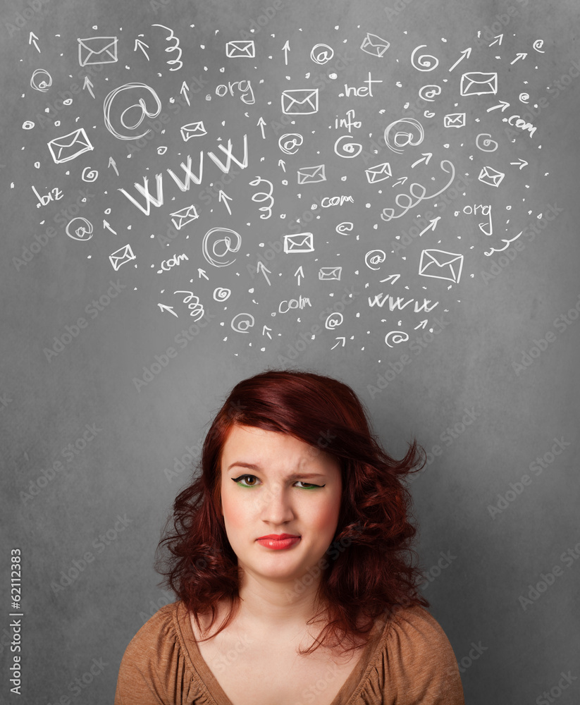 Young woman thinking with social network icons above her head Young woman thinking with social network icons above her head