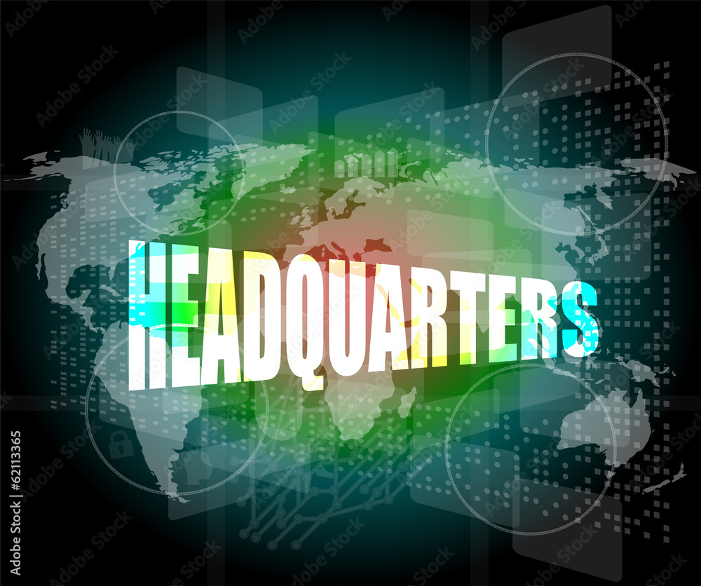 headquarters words on digital screen background with world map headquarters words on digital screen background with world map