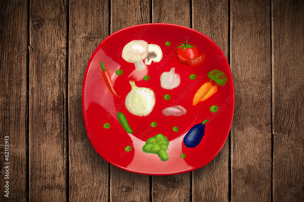 Colorful plate with hand drawn icons, symbols, vegetables and fr Colorful plate with hand drawn icons, symbols, vegetables and fr