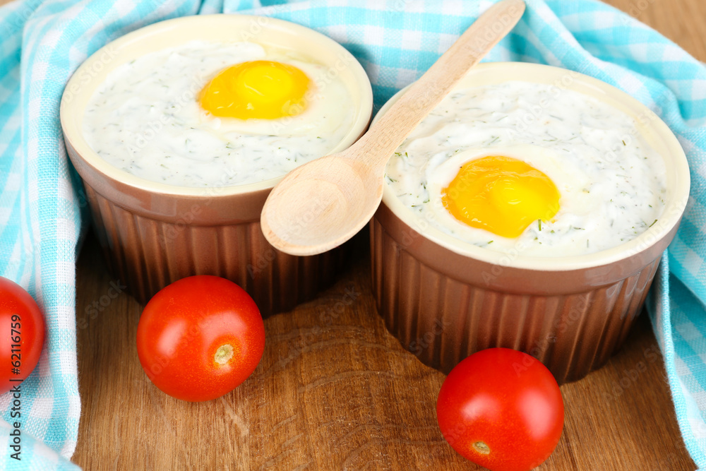 Baked eggs close up