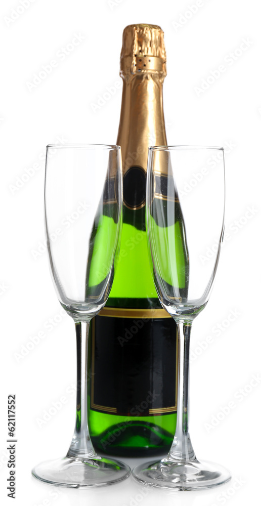 Bottle of champagne and empty glasses, isolated on white Bottle of champagne and empty glasses, isolated on white