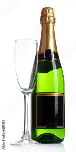 Bottle of champagne and empty champagne glass, isolated on