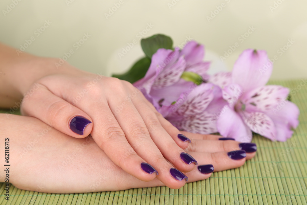 Beautiful woman hands with flowers on bright background