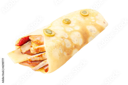 Crepe stuffed with fried chicken and cheese