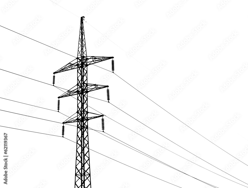 High voltage power lines and metal pylon isolated on white Stock Photo ...