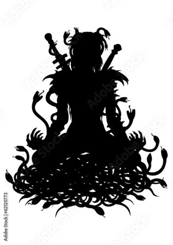 Silhouette of warrior woman in lotus with snakes