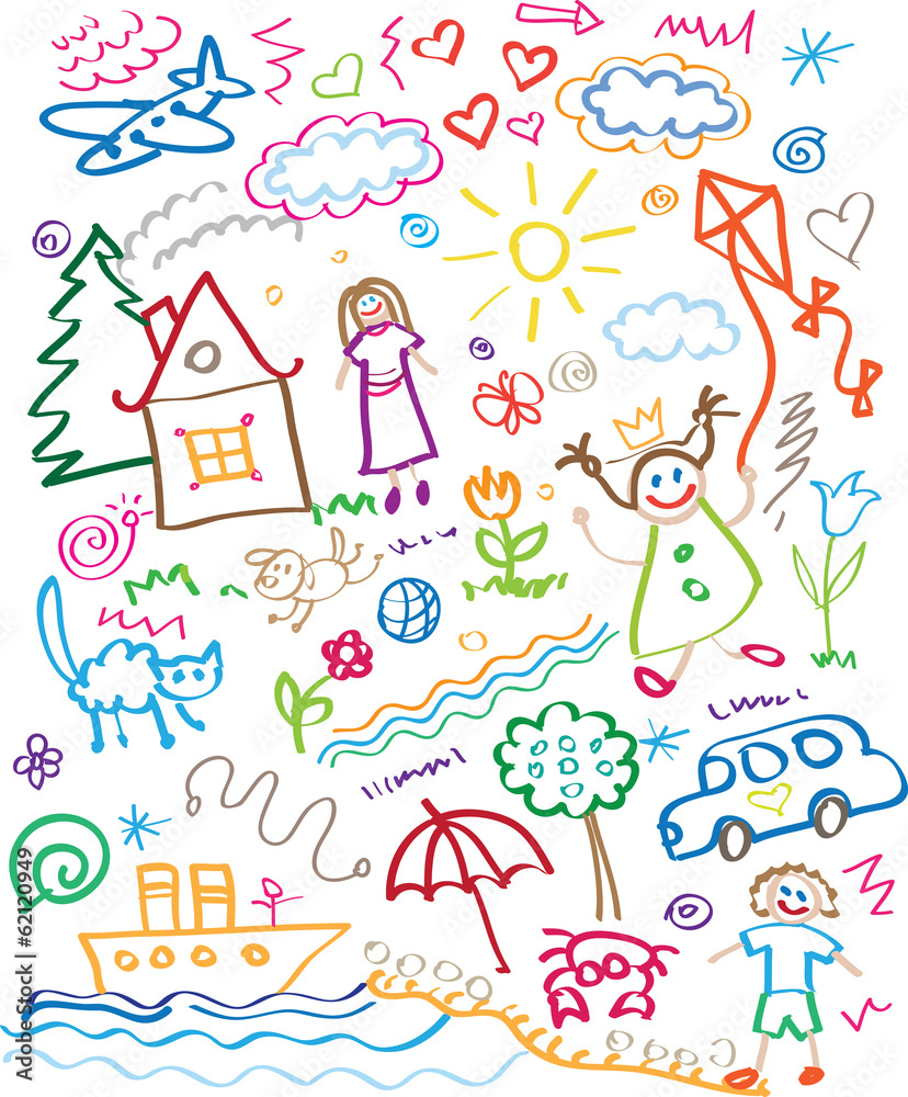 multicolored child drawing style vector set