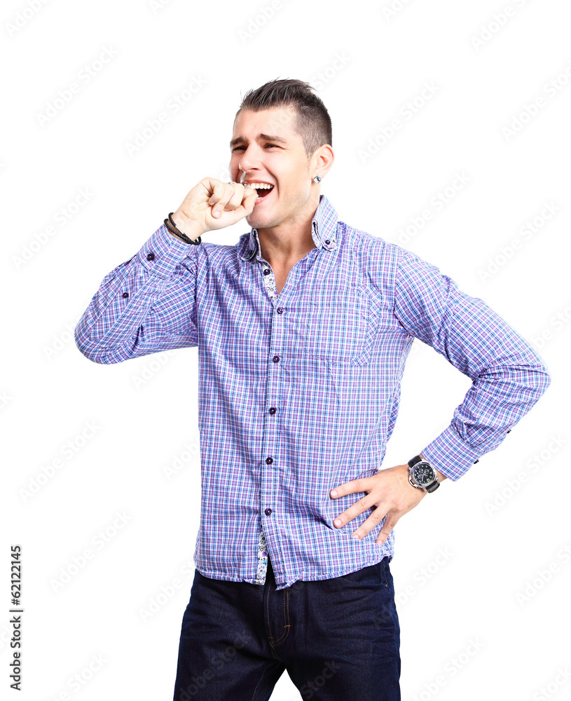 happy young man celebrating success on white background happy young man celebrating success on white background