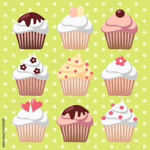 Set of spring easter cupcakes, muffins, vector illustration