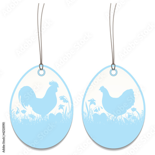 2 Hangtags Easter Rooster Chicken Meadow Blue