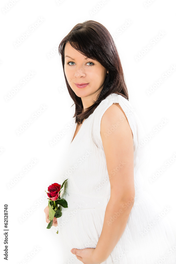 Beautiful pregnant woman with a red rose flower Beautiful pregnant woman with a red rose flower