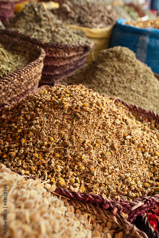 spices herbs flowers (camomail) in the Marrakesh street souk sho spices herbs flowers (camomail) in the Marrakesh street souk sho