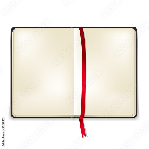 Vector open blank book, sketchbook with ribbon