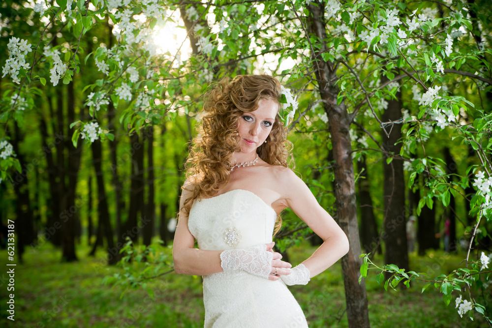 Beautiful bride in a white dress in blooming gardens Beautiful bride in a white dress in blooming gardens