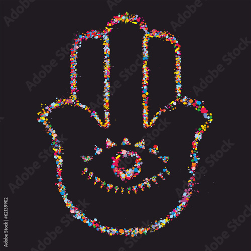 Grunge stylized colorful Hamsa on black background -  vector