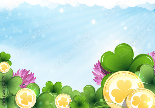 Gold coins and shamrock clover