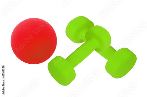 Couple of green dumbbells and red ball isolated on white