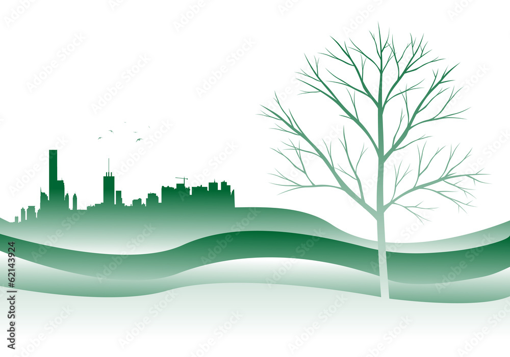 Obraz premium silhouette di città con albero spoglio