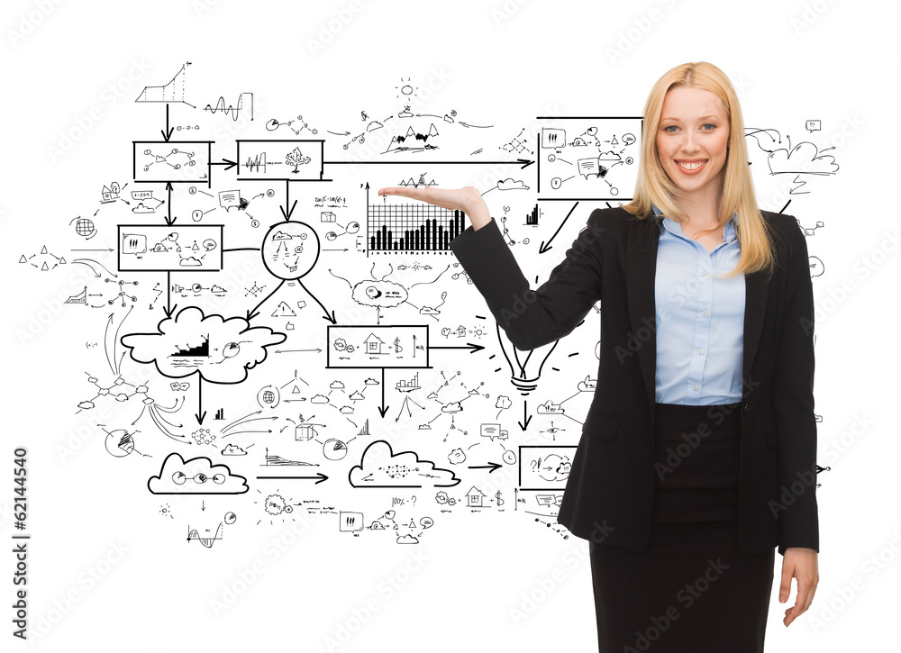 smiling woman showing big plan on her hand smiling woman showing big plan on her hand