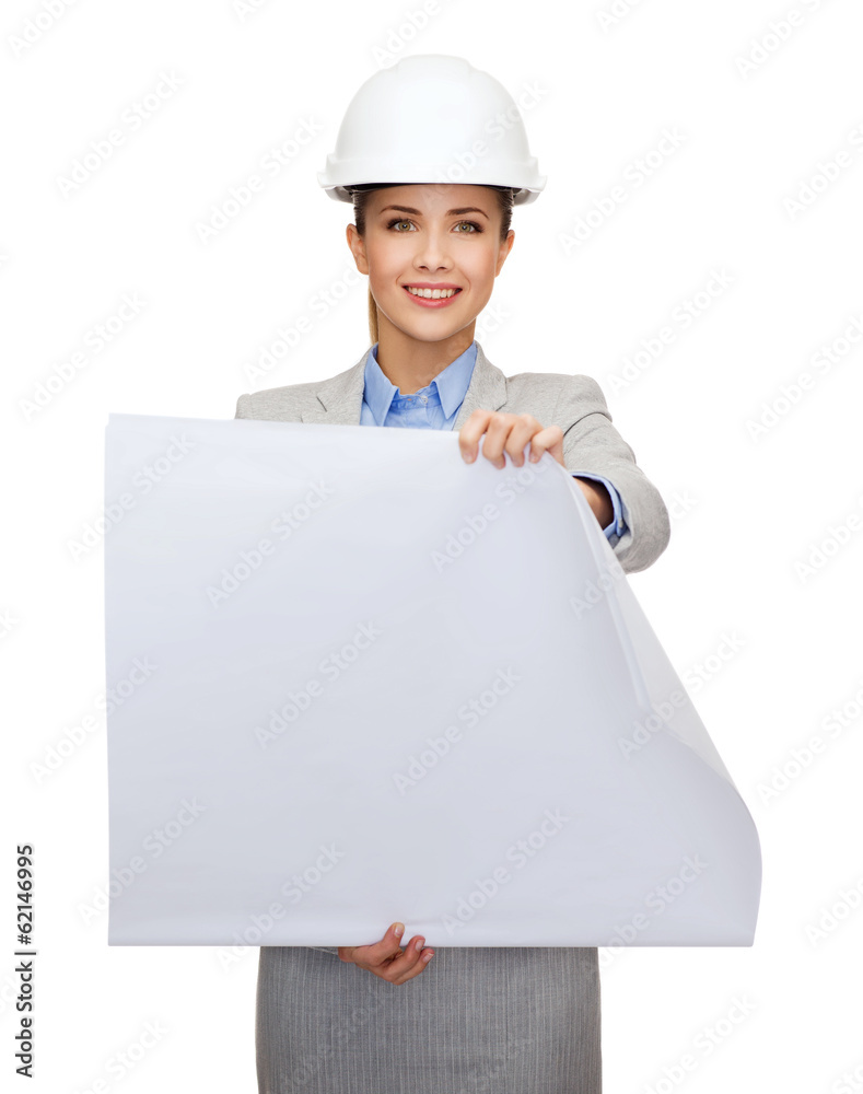 smiling architect in white helmet with blueprints smiling architect in white helmet with blueprints