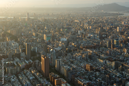Bird's eye view of Taipei, Taiwan at sunset