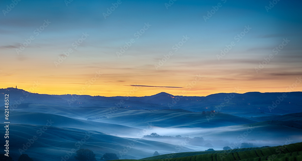 Tuscany landscape at dawn, Pienza, Val d'Orcia, Italy