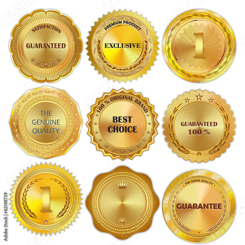 Set of golden metal design elements on white background.