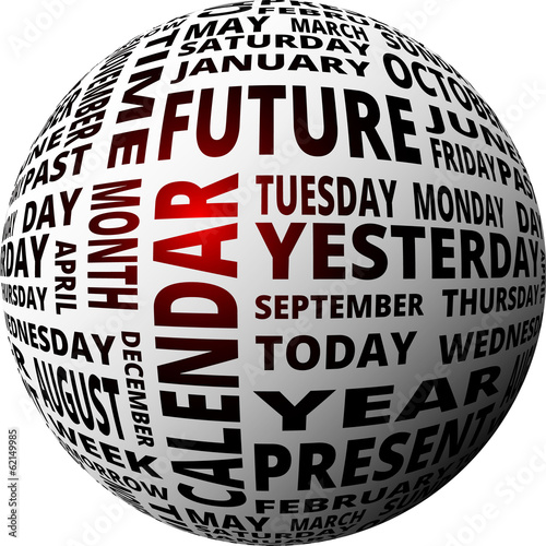 Time and calendar word cloud sphere glowing