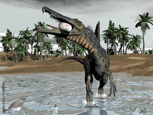 Spinosaurus dinosaur eating fish - 3D render