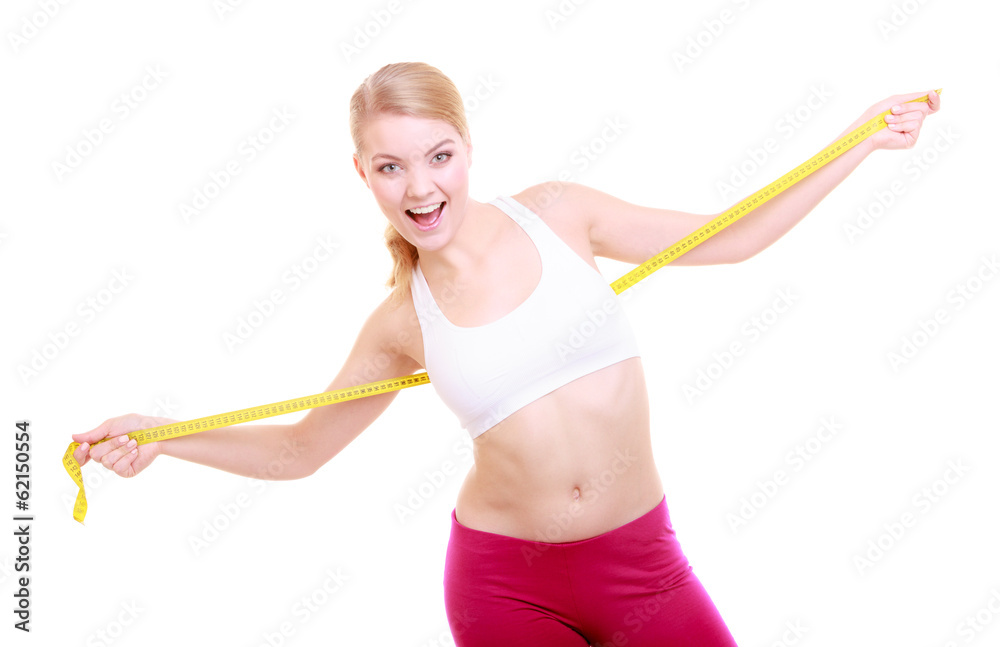 Diet. Fitness woman fit girl with measure tape isolated Diet. Fitness woman fit girl with measure tape isolated