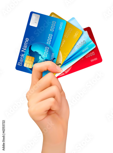 Hand holding credit cards. Vector illustration.