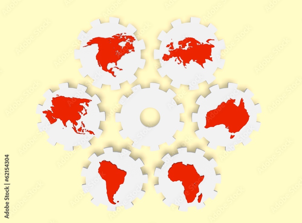 continent silhouettes on gears