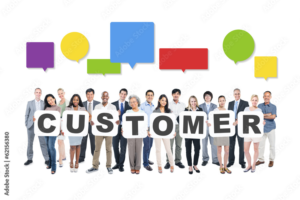 Business People Holding Word Customer and Sharing Ideas Business People Holding Word Customer and Sharing Ideas