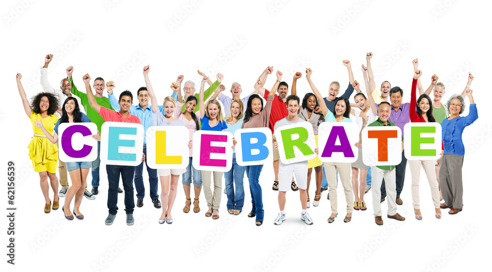 Large Group of World People Holding Word Celebrate