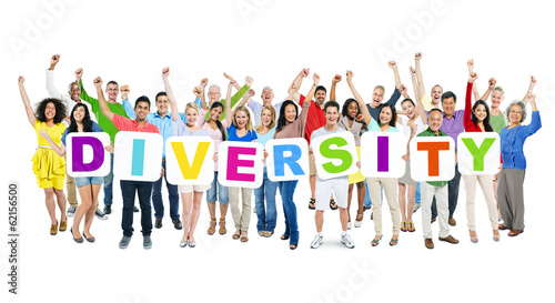 Group of People Celebrating and Holding Word Diversity