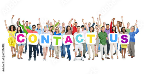 Group of World People Celebrating and Holding Word Contact Us