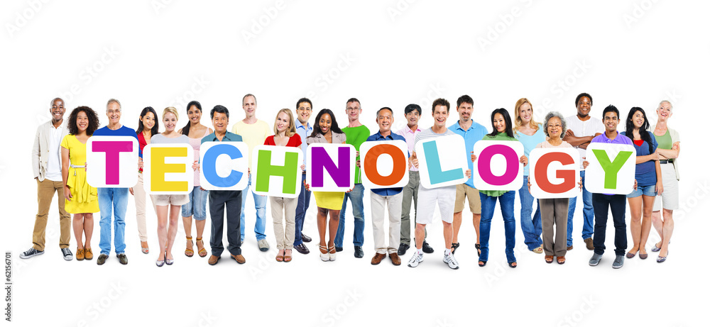 Large Group of World People Holding Word Technology Large Group of World People Holding Word Technology