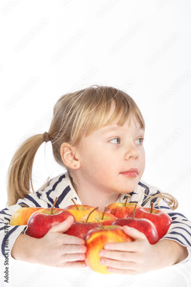 girl with apples on a white background girl with apples on a white background