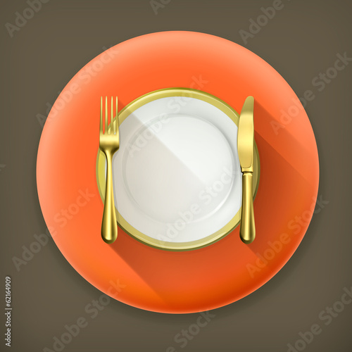 Gold dinner place setting long shadow vector icon
