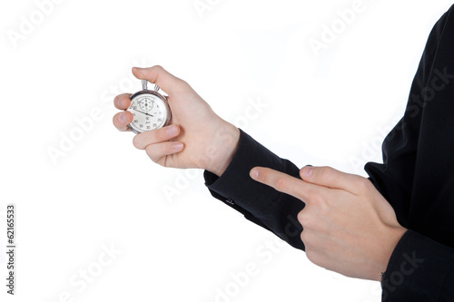 man's hand with a stopwatch on white background