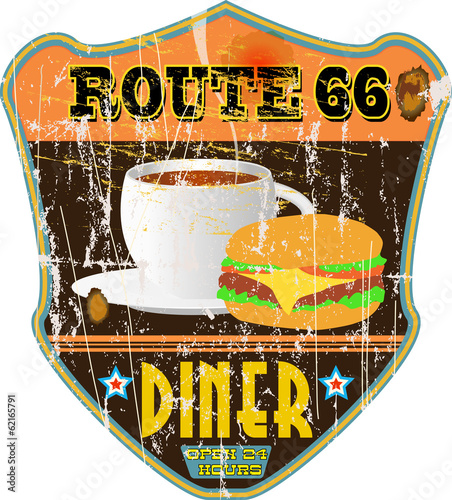 vintage route 66 diner sign, grungy style,nostalgic, vector illu