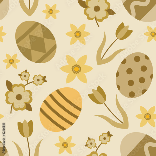 Vintage vector seamless pattern with Easter eggs and flowers