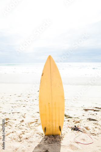 Surfboard standing upright in sand