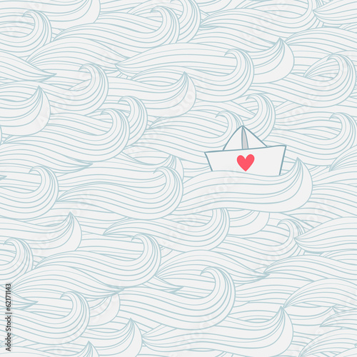 Seamless pattern with waves and paper ship with heart.