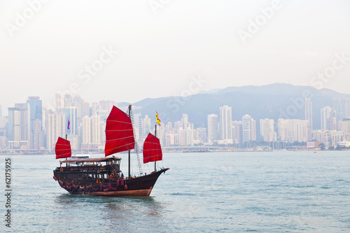 Wooden sailboat sailing in Hong Kong