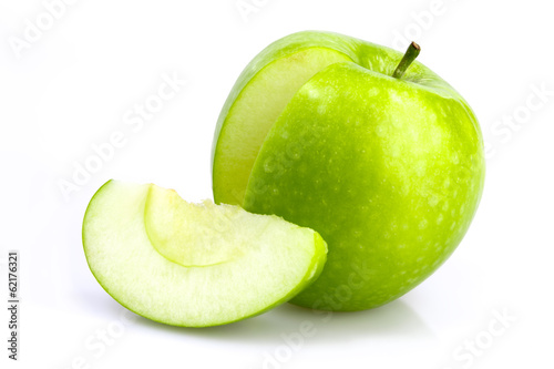 Green apple with cut and slice on white background