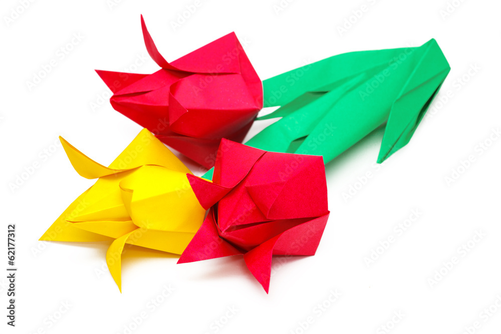 Three paper tulips on a white background Three paper tulips on a white background