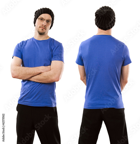 Man wearing blank blue shirt