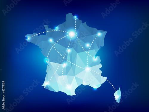 France country map polygonal with spot lights places