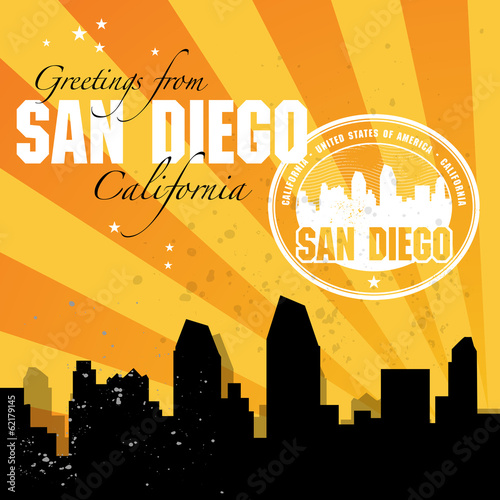 Vintage postcard with name of California, San Diego, vector